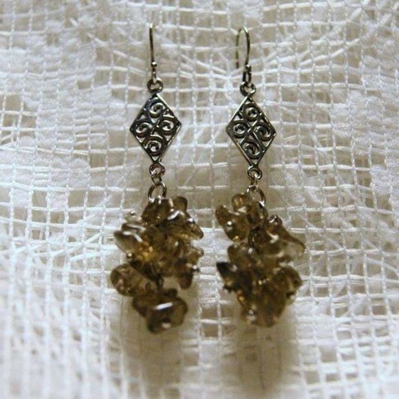 Handmade Sterling Silver Swirly Scroll & Gray Smoky Quartz Chip Cluster Earrings - Picture 2 of 5